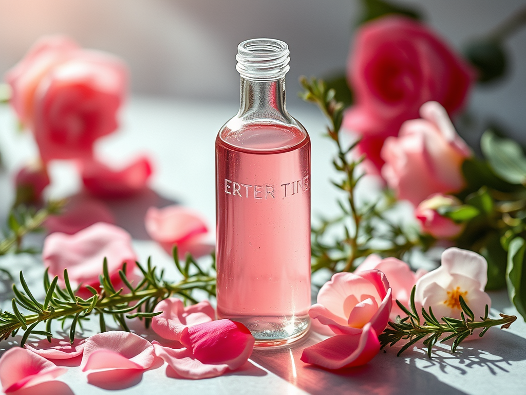 Glass bottle of pink DIY face toner surrounded by fresh rose petals and herbs.