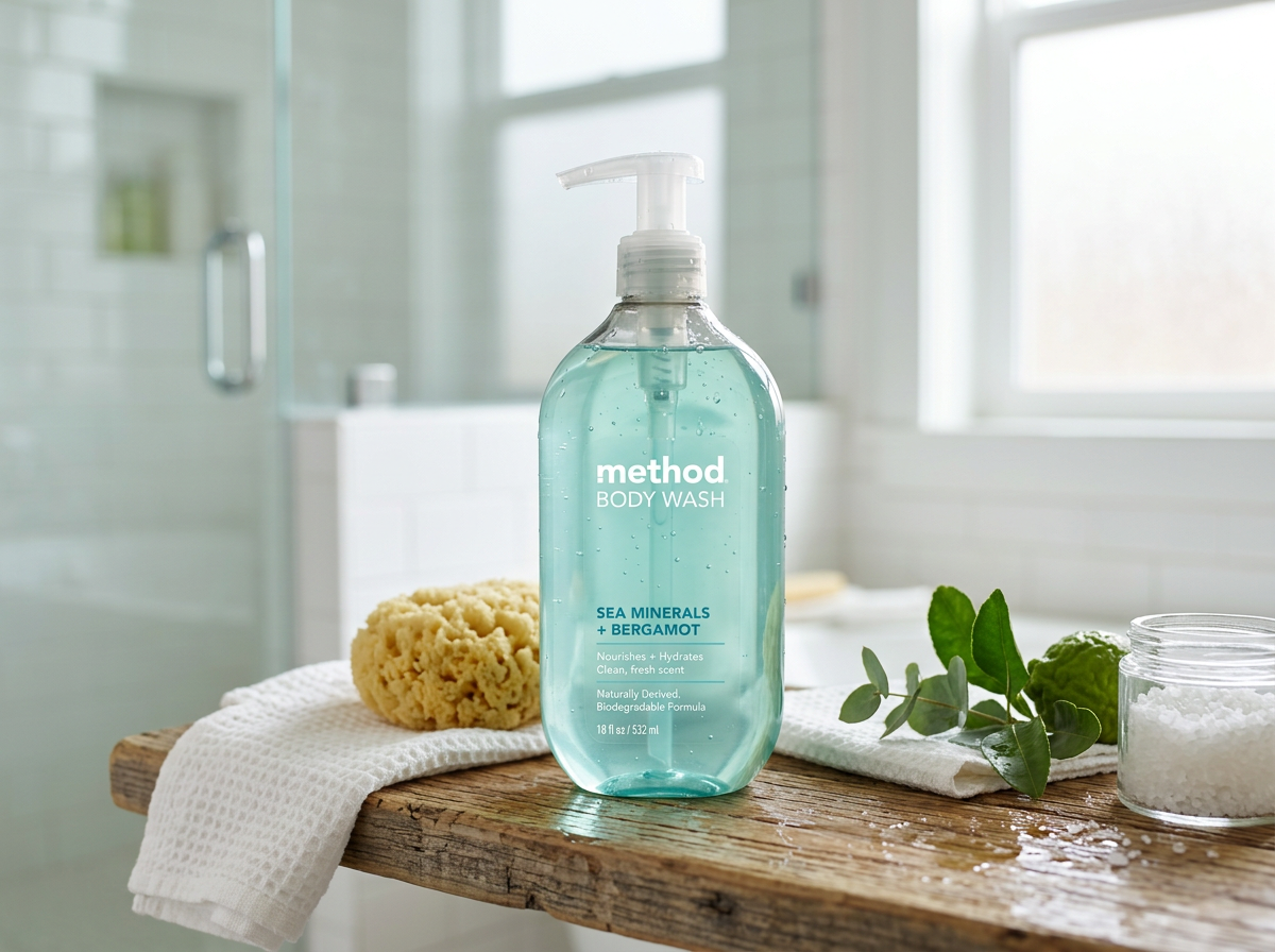 Bottle of Method sea minerals and bergamot body wash on wooden bench with sponge and greenery