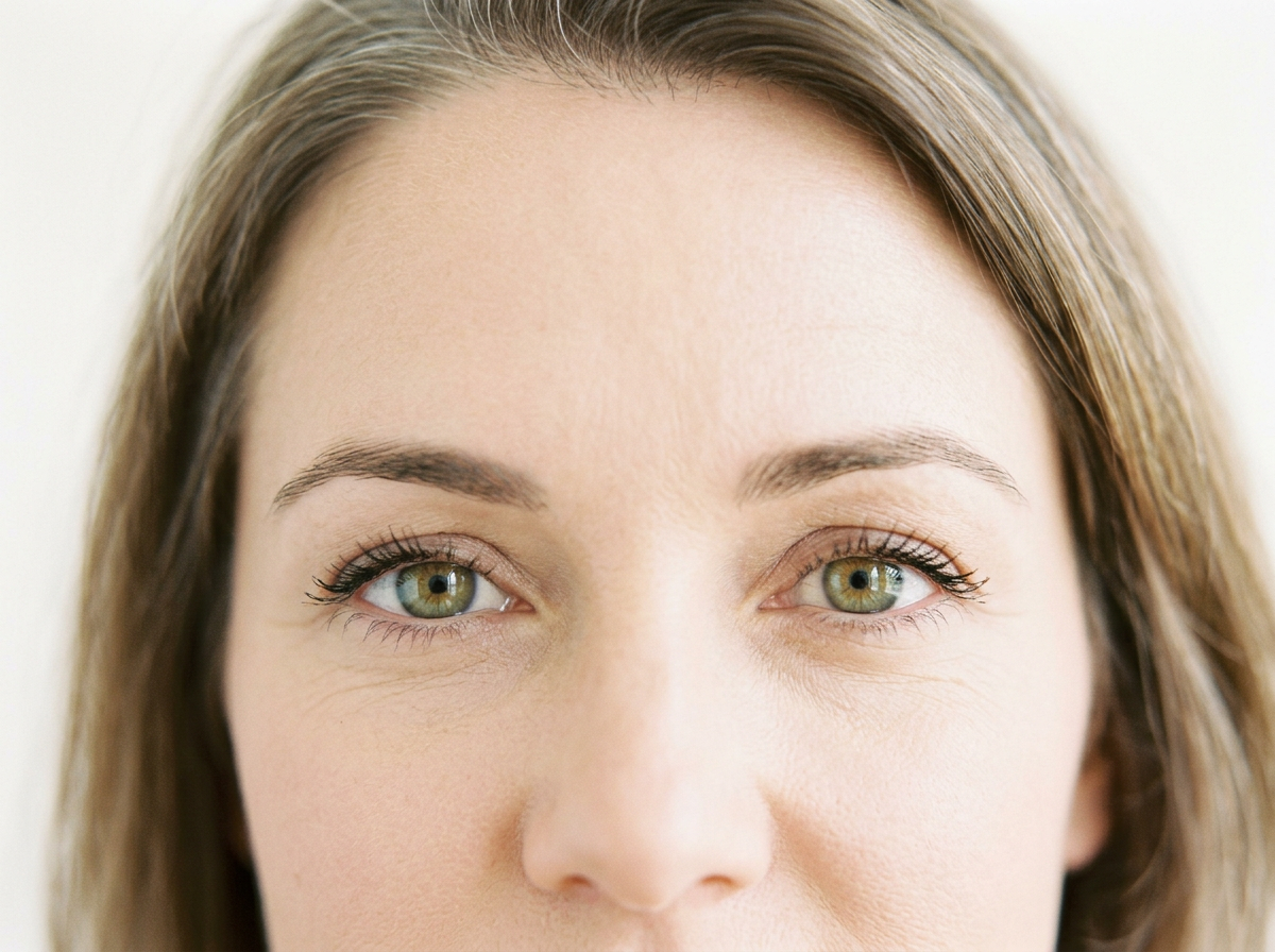 Close-up of a person's face showing green eyes, eyebrows, and skin texture