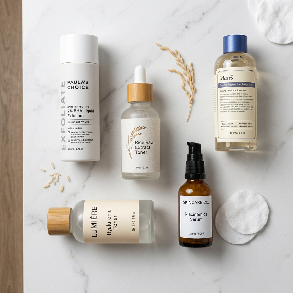 Niacinamide serum, hyaluronic toner, and brightening serum bottles on marble counter