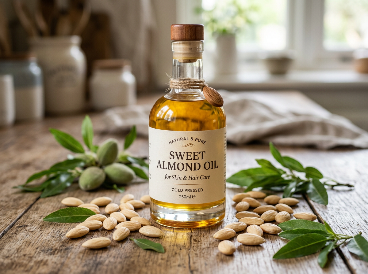 Bottle of sweet almond oil with almonds and green leaves on wooden surface