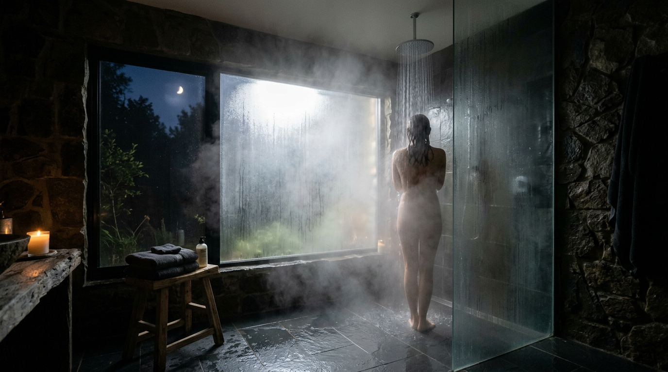 Naked person standing under running shower in a steamy rustic bathroom with stone walls and large window showing night sky