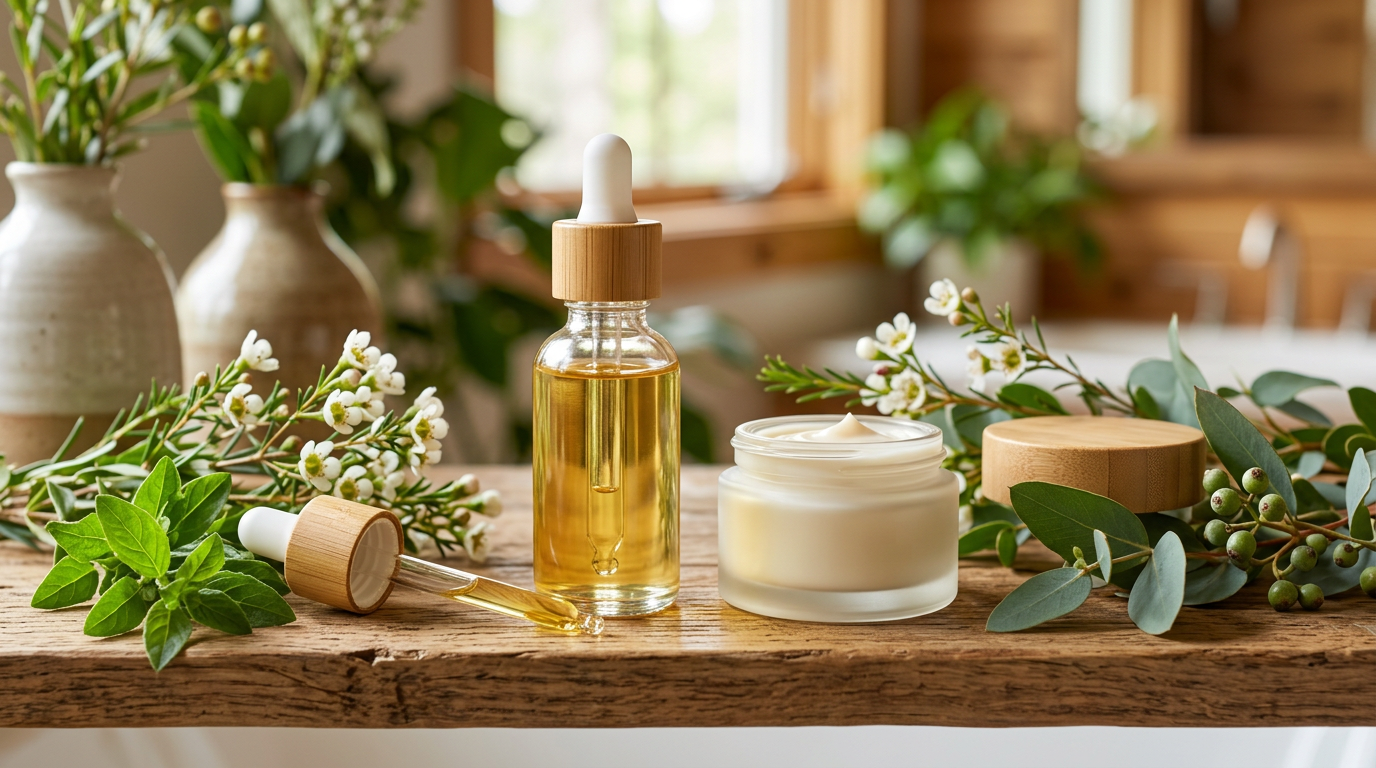 Glass dropper bottle, cream jar, and botanical branches on wooden table