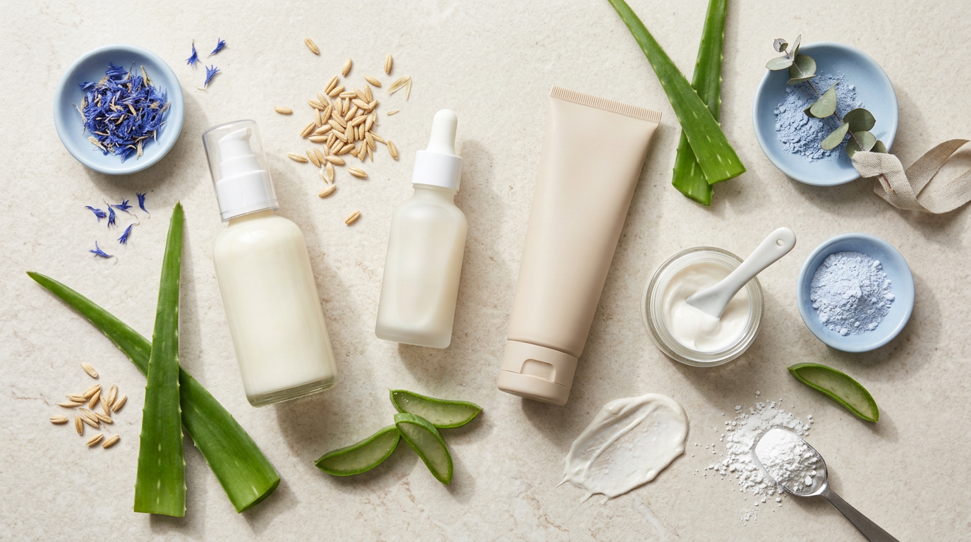 Natural skincare products surrounded by aloe vera, seeds, flowers, and botanical powders