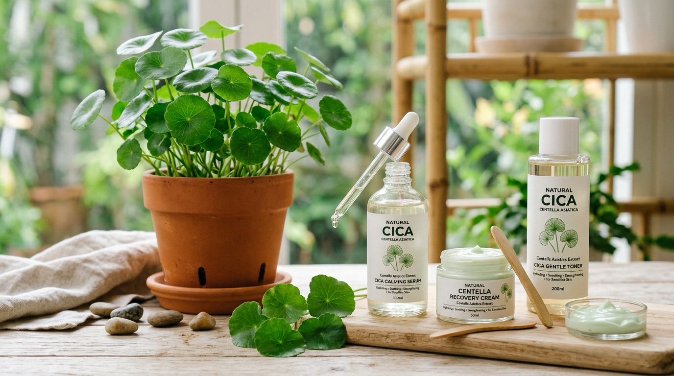 Cica skincare products labeled Natural Cica beside a potted round-leaf plant and cream dish