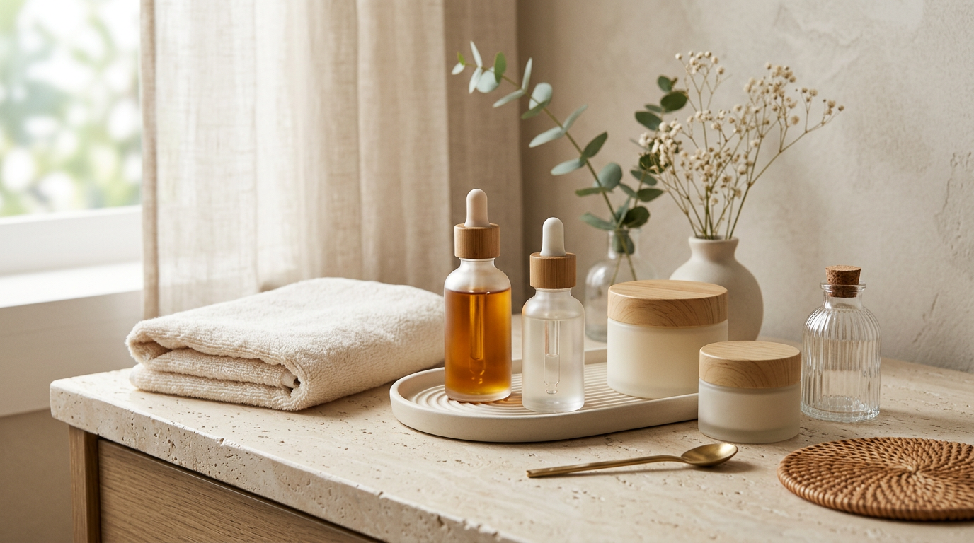 Skincare bottles, folded towels, candles, flowers, and spoon on a bathroom counter