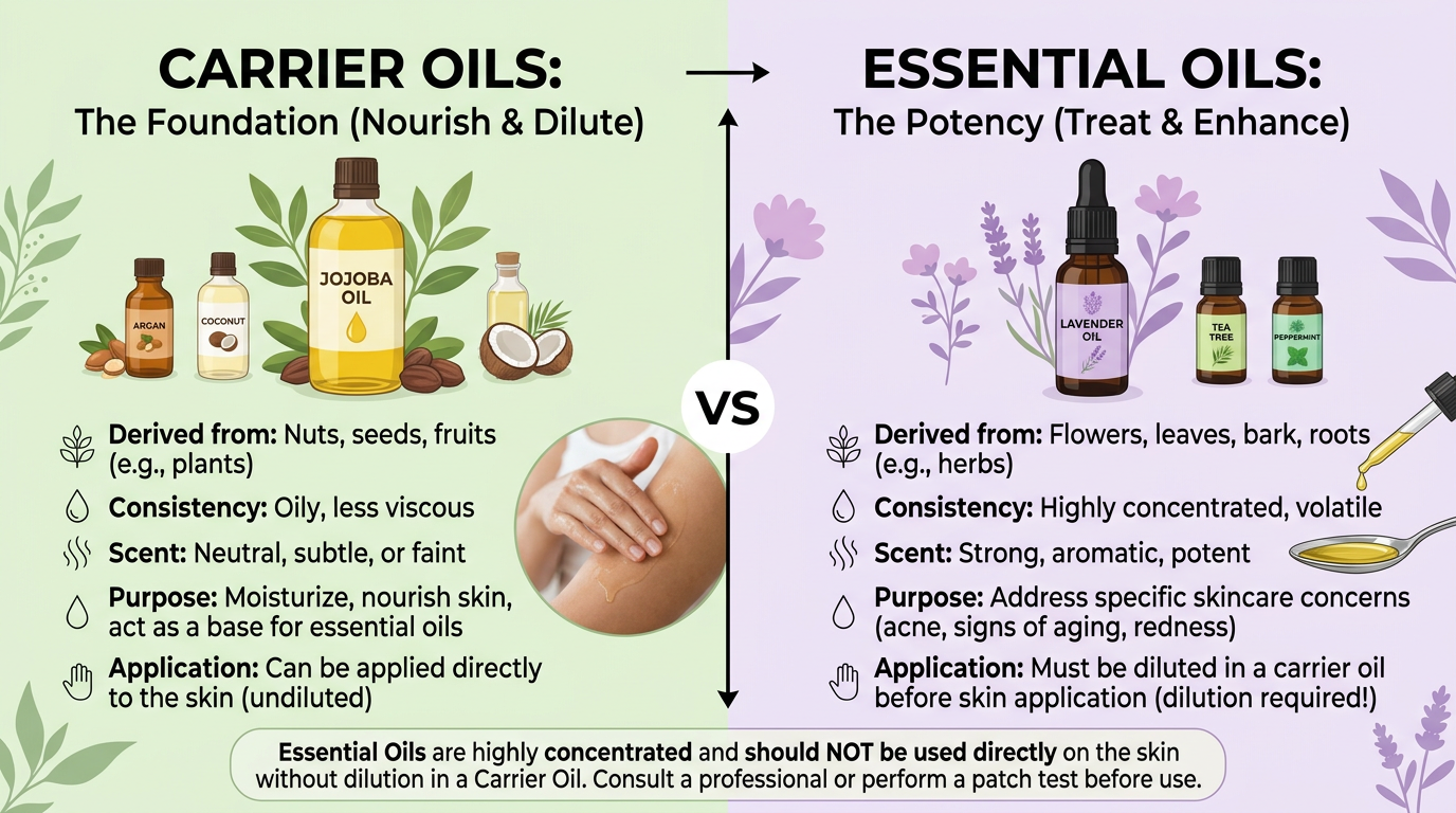 Infographic comparing carrier oils and essential oils, including their sources, consistency, scent, purposes, applications, and dilution warning.