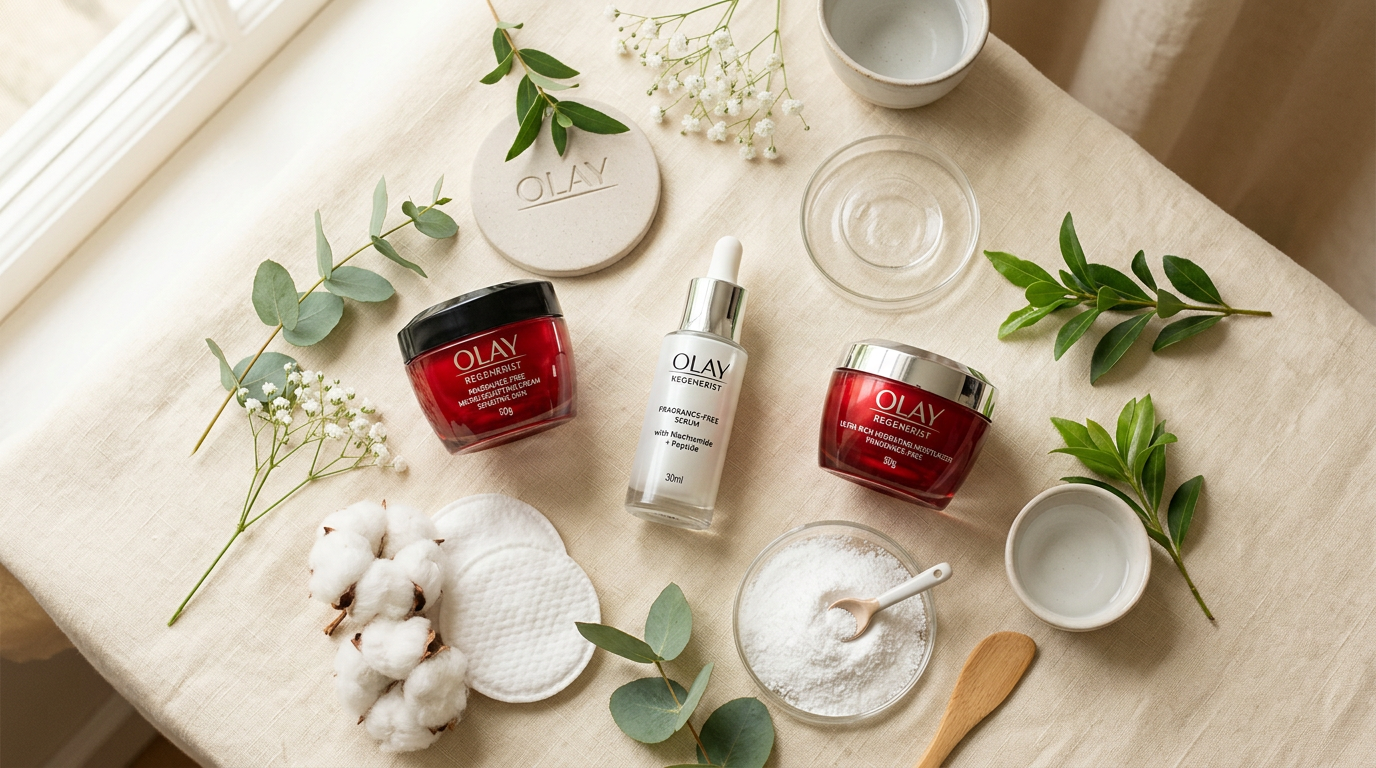 Olay skincare products arranged with greenery, cotton, and spa accessories
