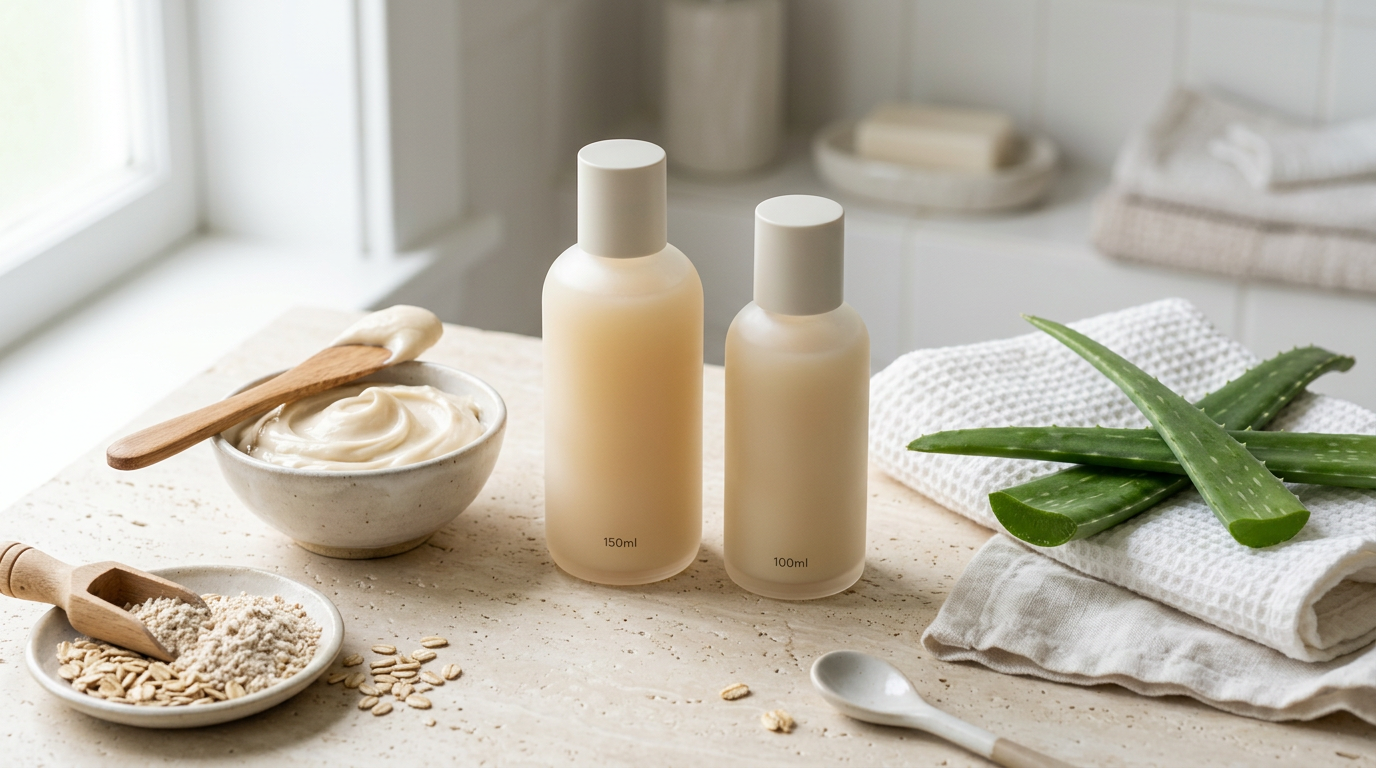 Two skincare bottles labeled 150ml and 100ml beside aloe leaves and cream