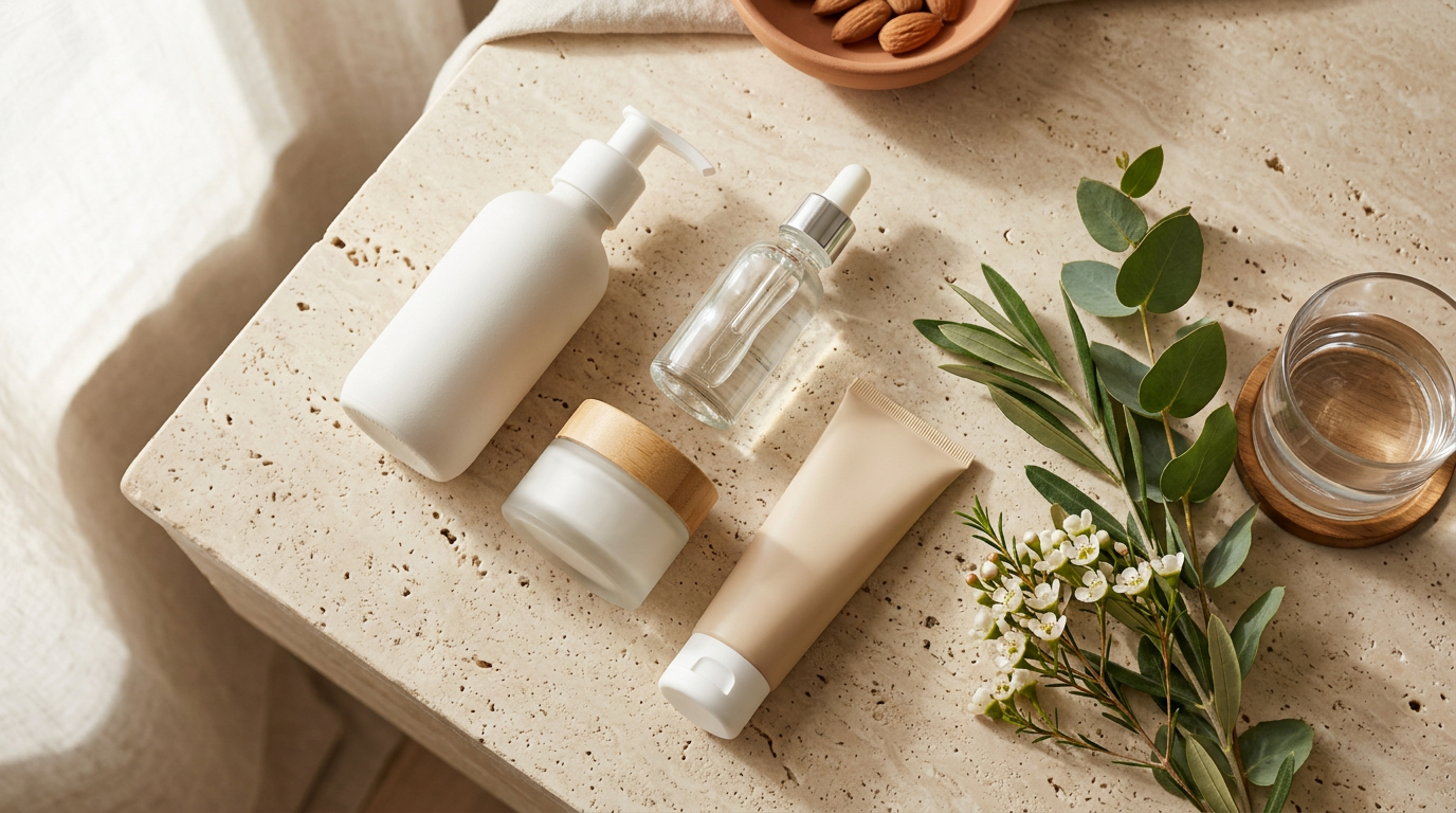 Skincare bottles, cream tube, greenery, water glass, and almonds on a stone table